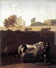 Horse Canvas Paintings - Italian Landscape with Herdsman and a Piebald Horse